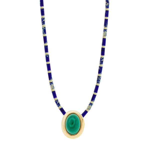 luis morais Oval Malachite Cabochon on Jasper Beaded Necklace