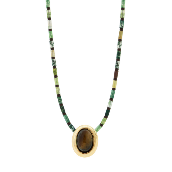 luis morais Oval Tiger's Eye Cabochon on Agate Beaded Necklace