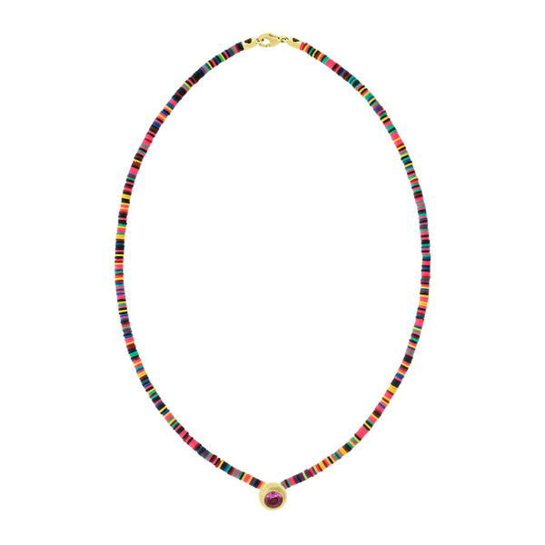 luis morais Pink Sapphire Pendant on Multicolor Vinyl Bead Necklace