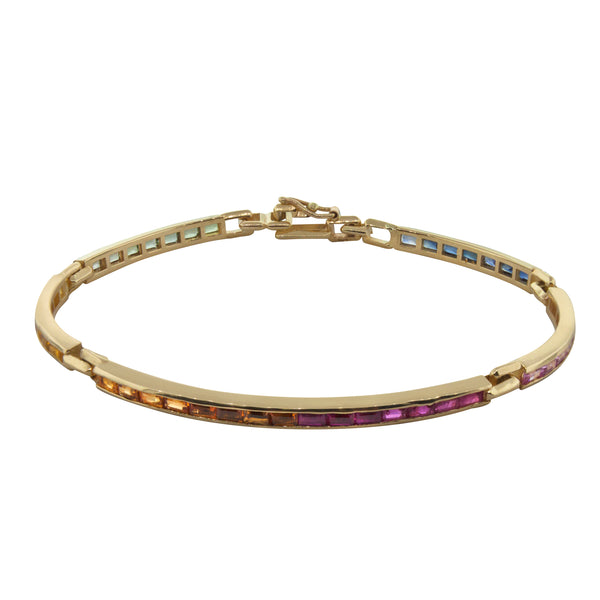 luis morais Rainbow Sapphire Baguette Gold Long Link ID Bracelet