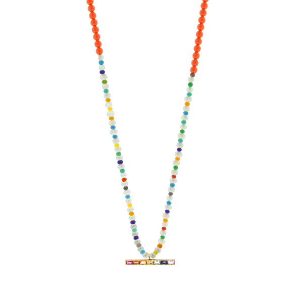 Luis Morais Rainbow Sapphire Baguette ID Bar On Beaded Necklace