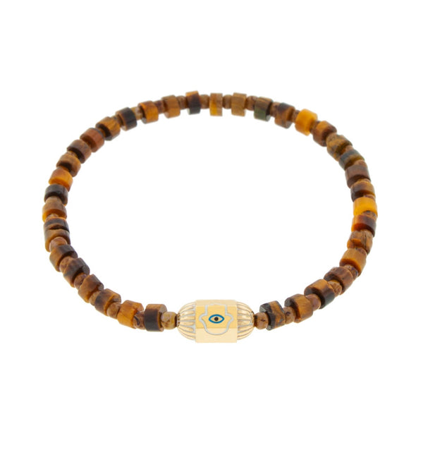 luis morais Ribbed Hexagon Bolt with Enameled Hamsa on Tiger's Eye Bracelet