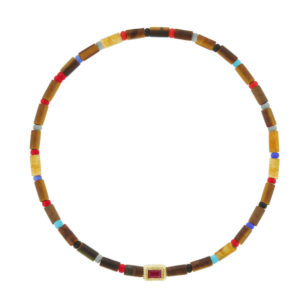 luis morais Ruby Baguette Corrugated Ingot on Beaded Bracelet