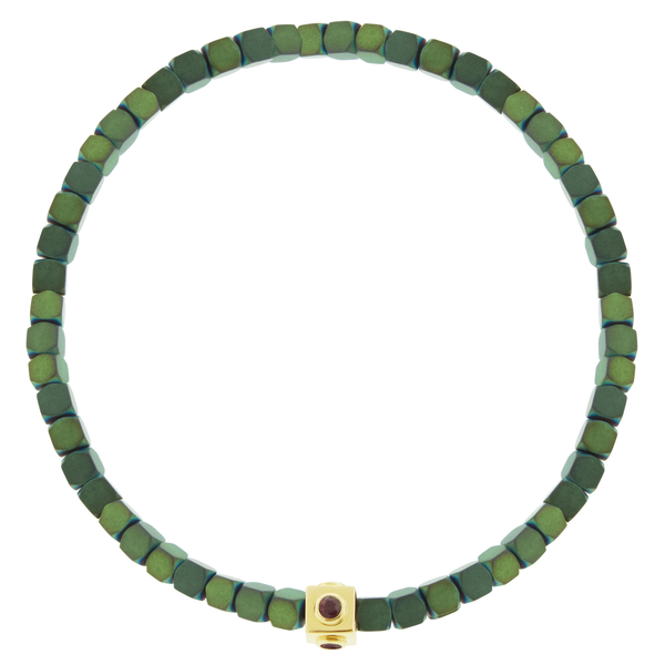 luis morais Ruby Lego Cube on Green Hematite Bead Bracelet