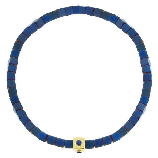 luis morais Sapphire Lego Cube on Blue Hematite Bead Bracelet