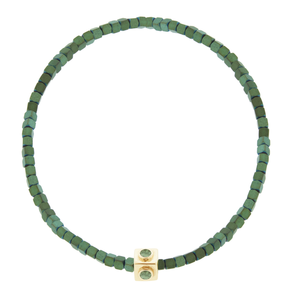 luis morais Sapphire Lego Cube on Small Green Hematite Bead Bracelet