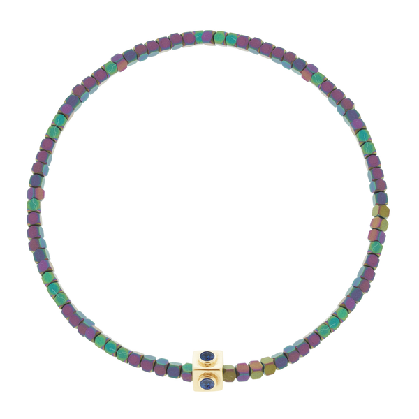 luis morais Sapphire Lego Cube on Small Rainbow Hematite Bead Bracelet