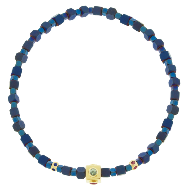 luis morais Sapphire Lego Cube with Tetras on Blue Hematite Bracelet