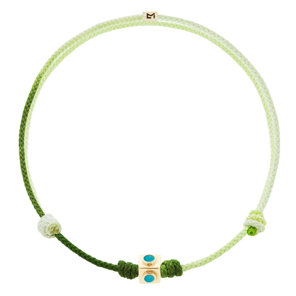 luis morais Small Gold Turquoise Lego Cube on Green Ombre Cord Bracelet