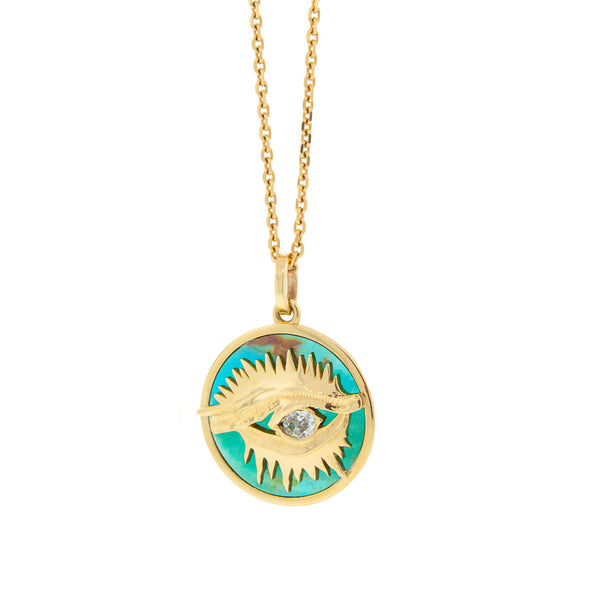 Luis Morais Turquoise Eye Medallion Pendant With A White Diamond