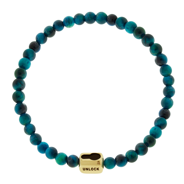 Luis Morais UNLOCK PATH Lock Ingot On Blue Tiger's Eye Beaded Bracelet