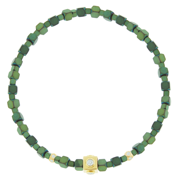 luis morais White Diamond Lego Cube with Tetras on Green Hematite Bracelet
