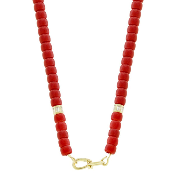 Luis Morais Wire Clasp On Red Glass Bead Necklace With Diamond Barrels
