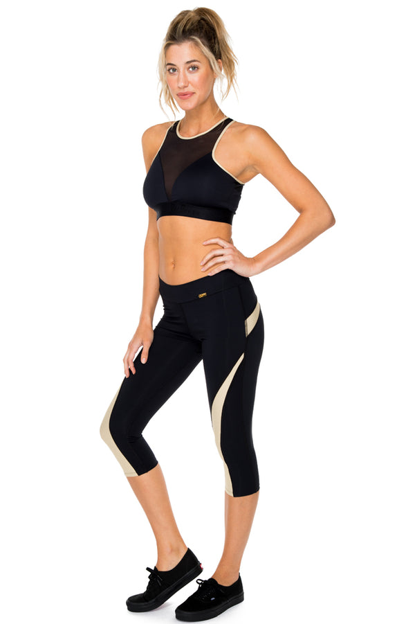 Luli Fama BARACOA - Elastic Band Sports Bra Top & Gold Cut Out Capri • Black Gol – Luli Fama