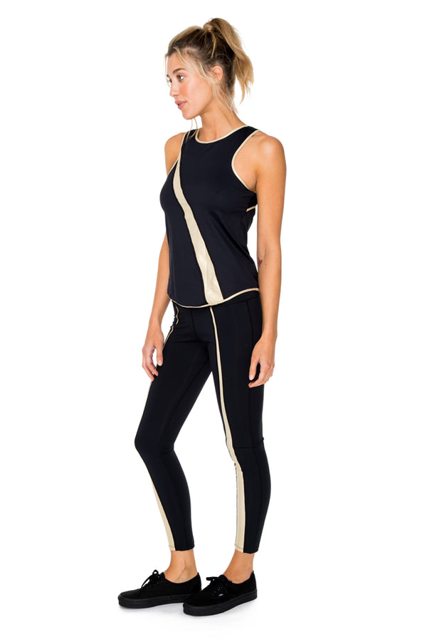 Luli Fama BARACOA - Gold Mesh Racerback Tank Top & Gold Cut Out Legging • Black – Luli Fama