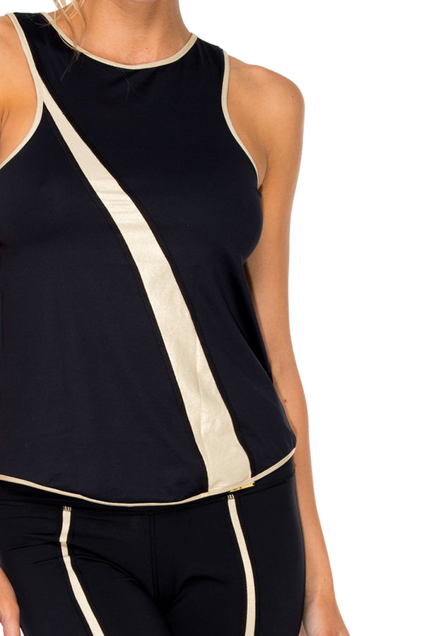 Luli Fama BARACOA - Gold Mesh Racerback Tank Top & Gold Cut Out Legging • Black – Luli Fama