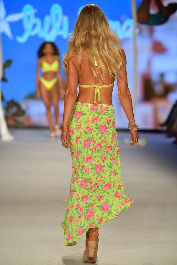 Luli Fama BELLA - Triangle Halter Top & Ruffle High Lo Slit Skirt • Shiny Neon Y – Luli Fama