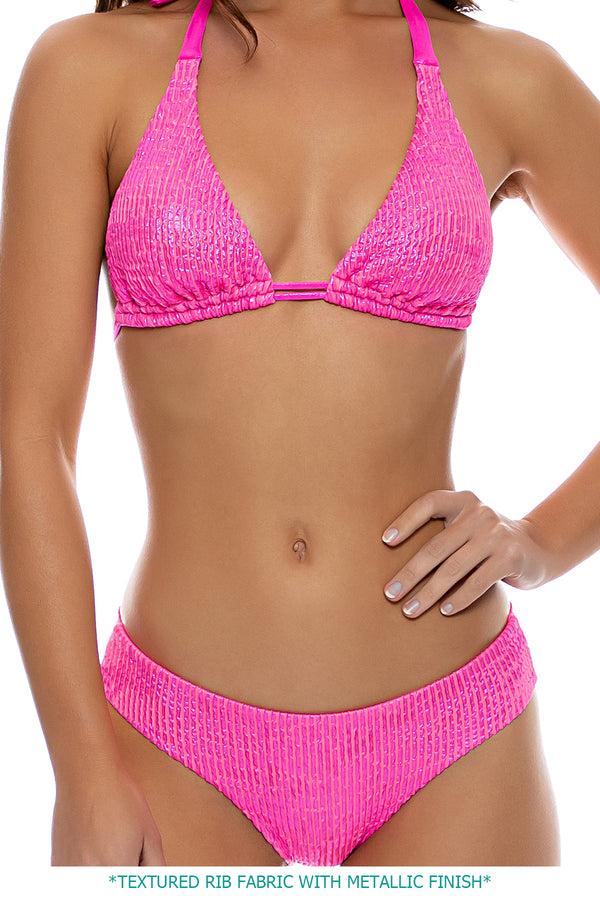 luli fama BELLA - Triangle Halter Top & Seamless Full Ruched Back Bottom • Metal – Luli Fama