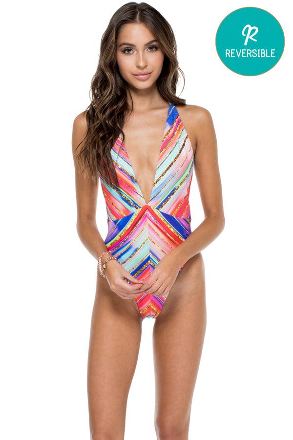 luli fama BELLAMAR - Deep V Crossed Back One Piece • Multicolor – Luli Fama