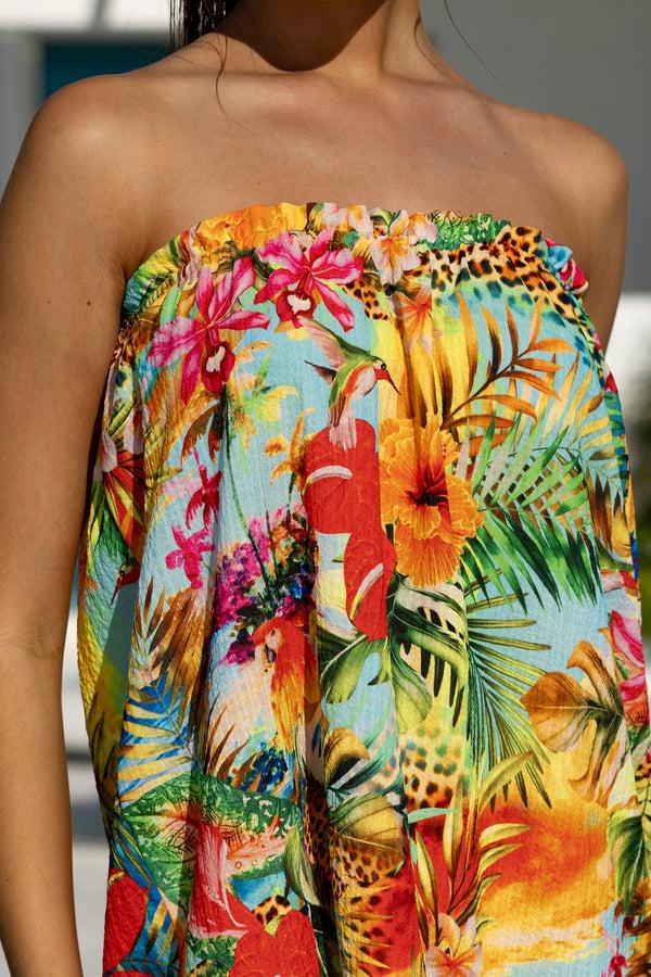 Luli Fama BIRDS OF PARADISE Relaxed Strapless Mini Dress - Multicolor – Luli Fama