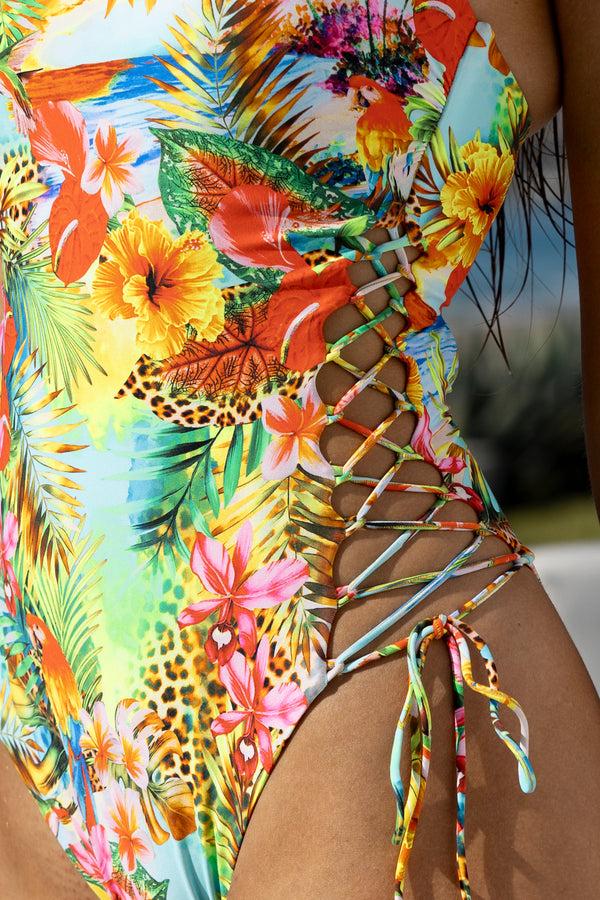 Luli Fama BIRDS OF PARADISE Square Neck Laced Up One-Piece – Luli Fama