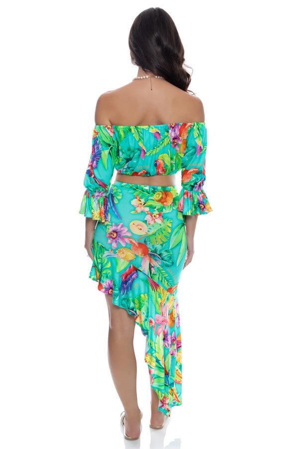 Luli Fama CARIBBEAN FANTASY - Off The Shoulder 3/4 Ruffless Sleeve Crop Top & As – Luli Fama