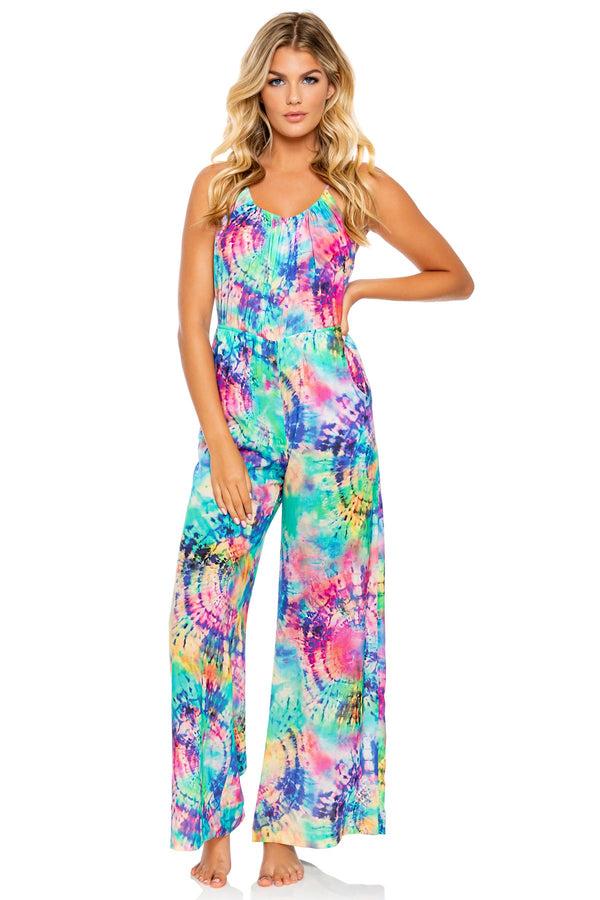 luli fama CELESTIAL DREAMS - Drawstring Neckline Wide Leg Jumpsuit • Multicolor – Luli Fama