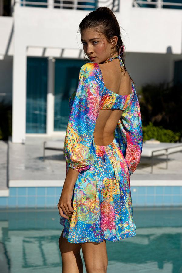 Luli Fama DECO GARDENS - Halter Long Sleeve Cut Out Short Dress • Multicolor – Luli Fama