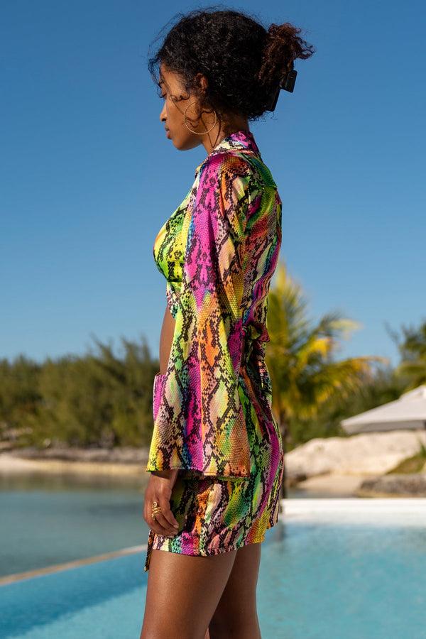 Luli Fama ELECTRIC SKIN - Cropped Tie Shirt & Skort • Multi Neon – Luli Fama