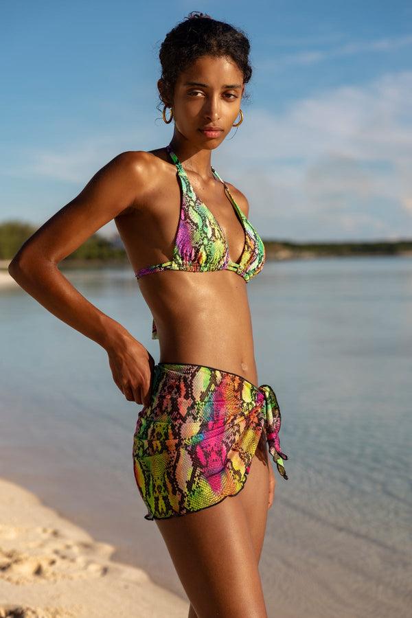 Luli Fama ELECTRIC SKIN - Triangle Halter Top & Sarong Mini Skirt • Multi Neon – Luli Fama