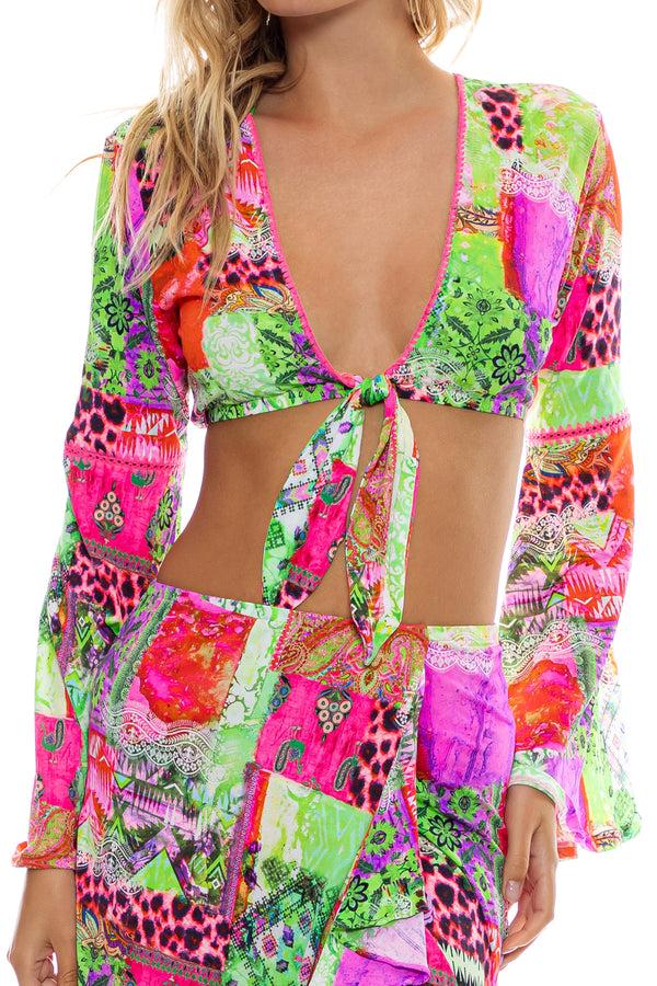 Luli Fama FIERCE SOUL - Bell Sleeve Crop Top & Ruffle High Lo Slit Skirt • Multi – Luli Fama