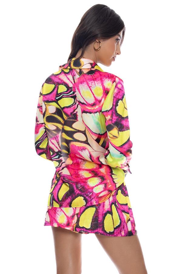 Luli Fama FLUTTER - Button Down Deep Cuff Blouse & High Waist Elastic Shorts • M – Luli Fama