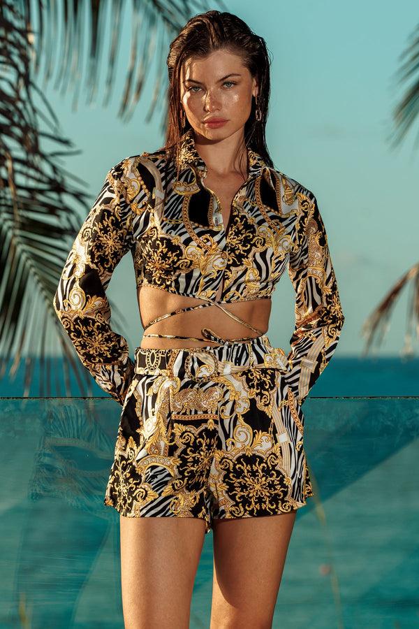 luli fama GODDESS VIBES Collard Crop Top & Belted Short – Luli Fama