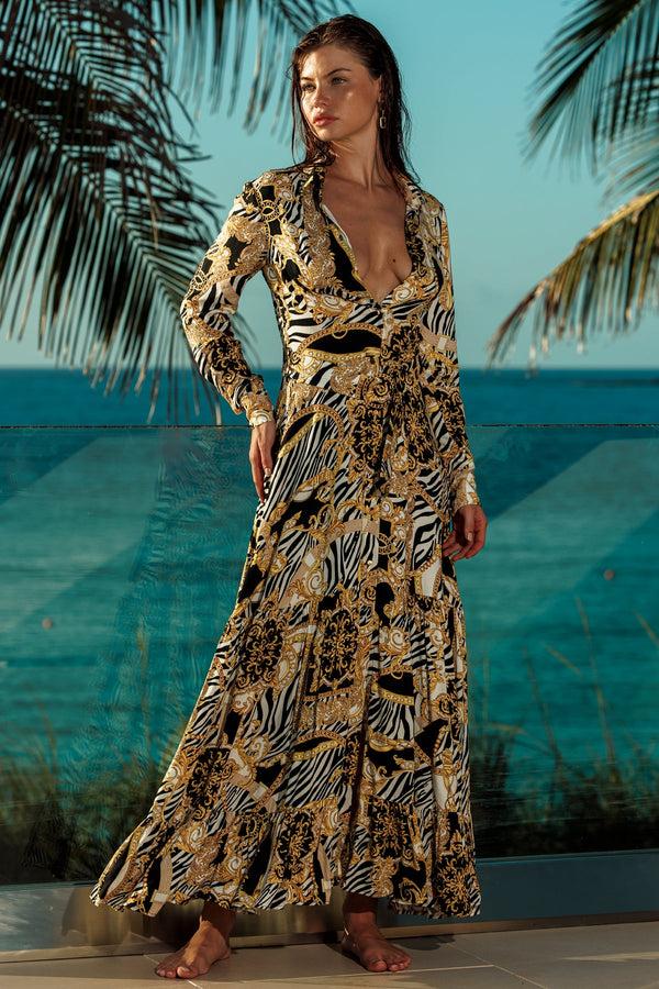 luli fama GODDESS VIBES Long Sleeve Maxi Dress - Multicolor – Luli Fama