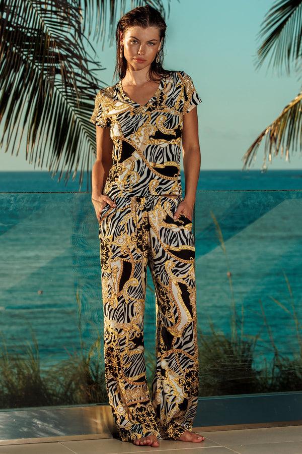 luli fama GODDESS VIBES V Neck T Shirt & Pant - Multicolor – Luli Fama