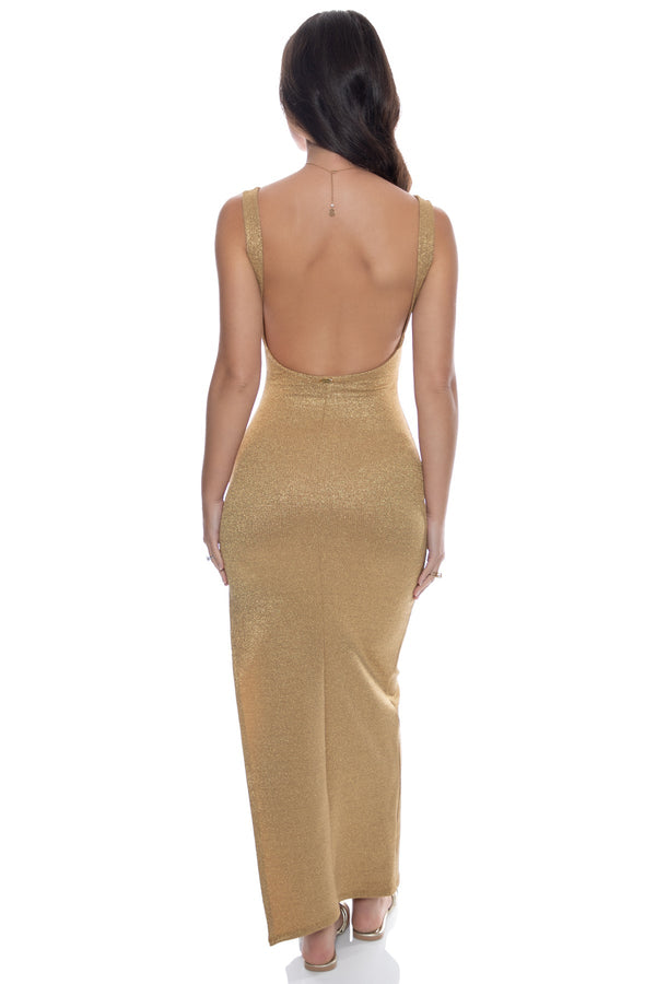Luli Fama GOLDEN SUNSET - Drawstring Peek A Boo Maxi Dress • Gold – Luli Fama