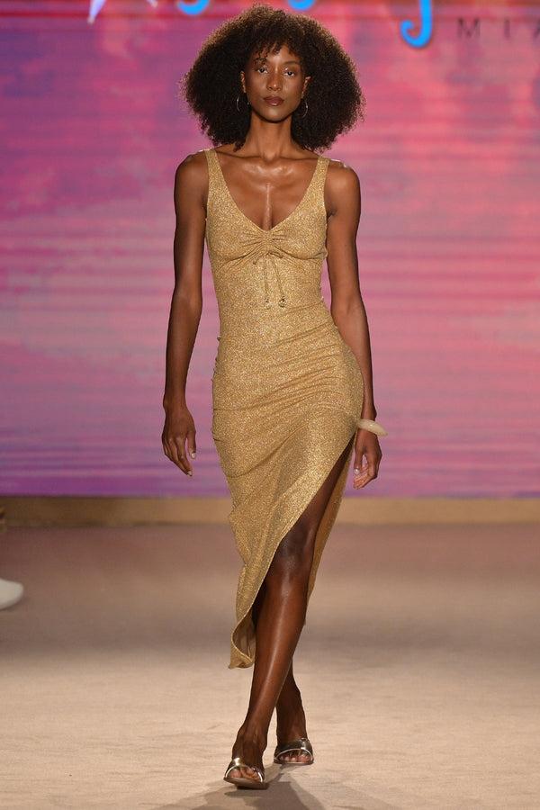 luli fama GOLDEN SUNSET - Drawstring Peek A Boo Maxi Dress • Gold Runway – Luli Fama