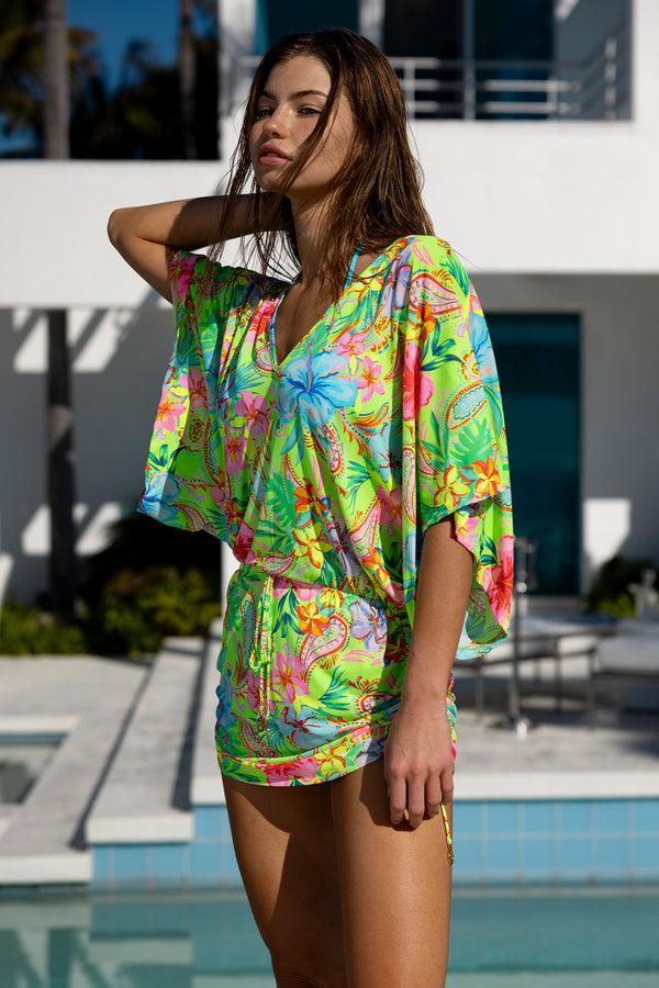 Luli Fama HIBISCUS DREAM - Cabana V Neck Dress • Multicolor – Luli Fama