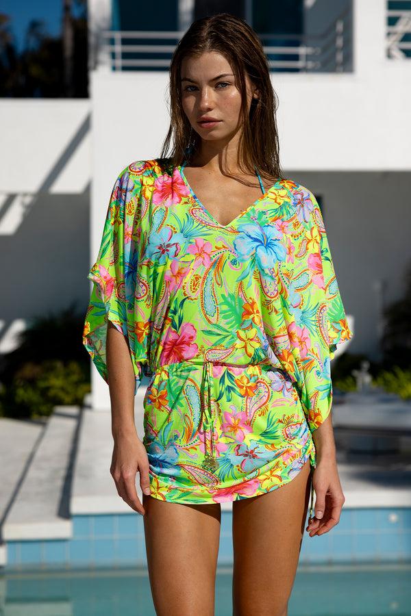 luli fama HIBISCUS DREAM - Cabana V Neck Dress • Multicolor – Luli Fama