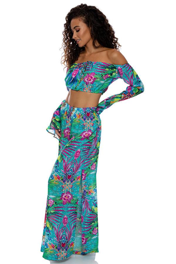 Luli Fama HIDDEN GEMS - Laced Up Off The Shoulder Crop Top & Open Sides Wide Leg – Luli Fama