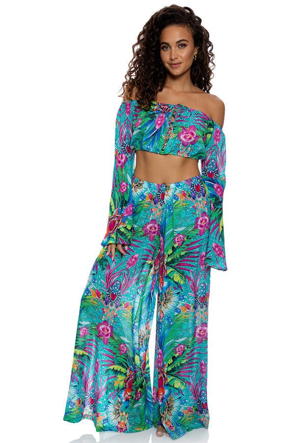 luli fama HIDDEN GEMS - Laced Up Off The Shoulder Crop Top & Open Sides Wide Leg – Luli Fama