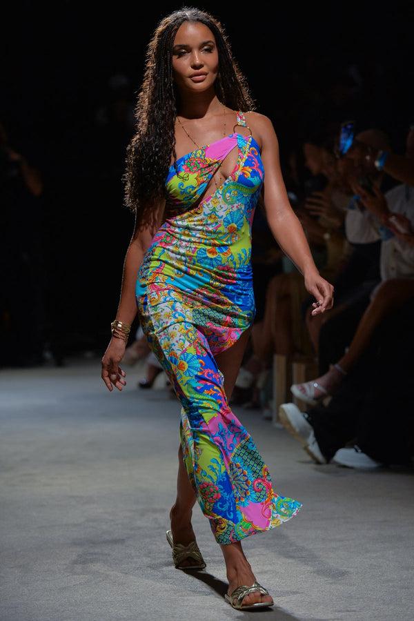 Luli Fama LA COSTA - Asymmetrical Cut Out Maxi Dress • Multicolor Runway – Luli Fama