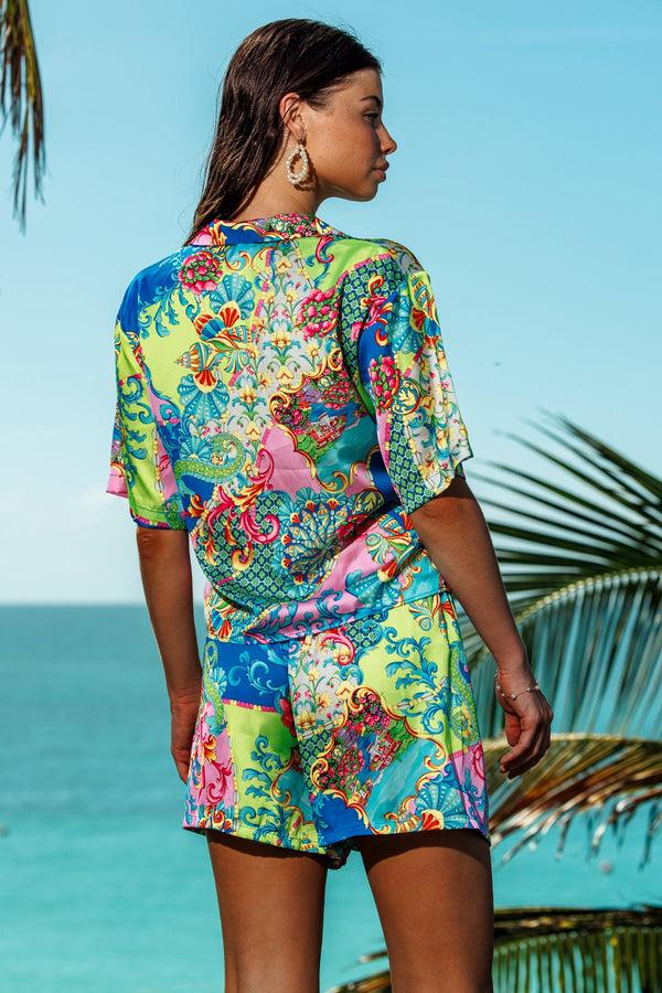 Luli Fama LA COSTA Short Sleeve Blouse & Elastic Short - Multicolor – Luli Fama
