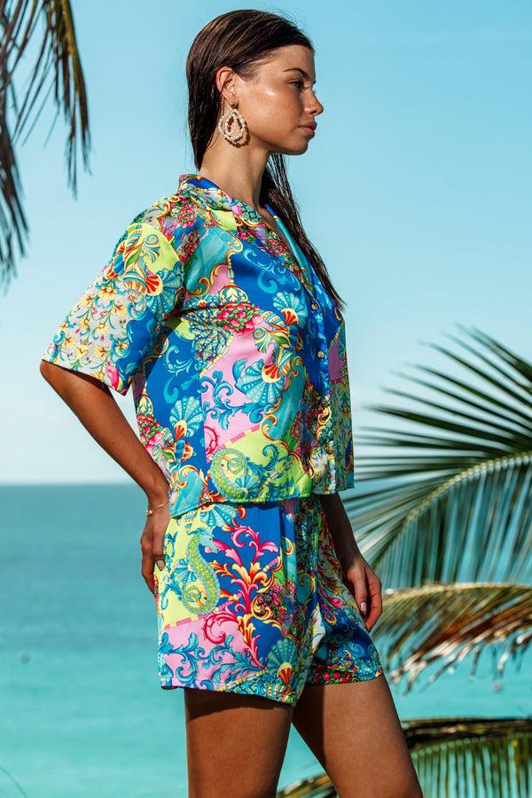 Luli Fama LA COSTA Short Sleeve Blouse & Elastic Short - Multicolor – Luli Fama