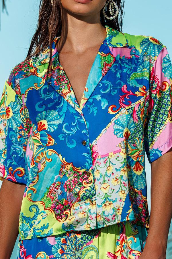 Luli Fama LA COSTA Short Sleeve Blouse & Elastic Short - Multicolor – Luli Fama