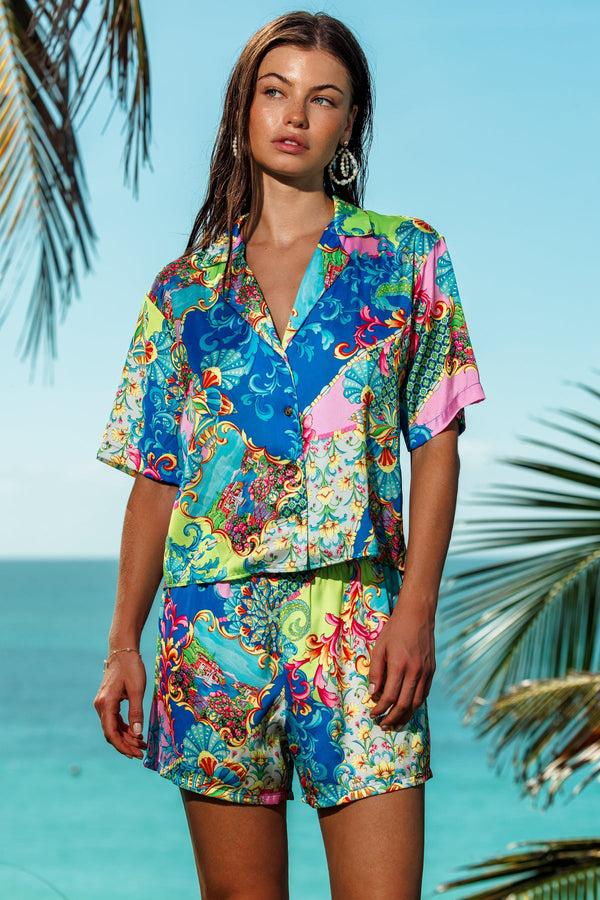 luli fama LA COSTA Short Sleeve Blouse & Elastic Short - Multicolor – Luli Fama