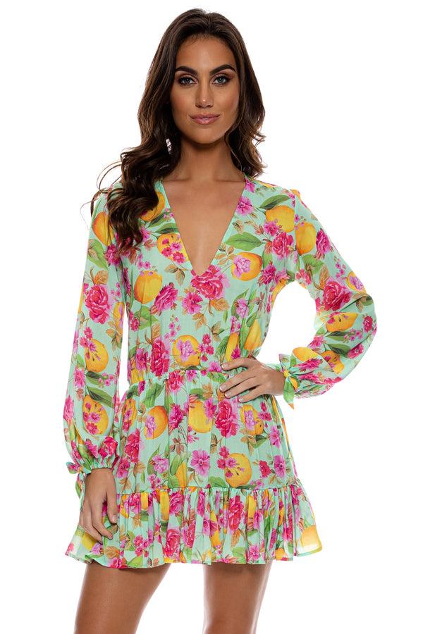 luli fama LIMONCELLO - Deep V Frill Hem Dress • Multicolor – Luli Fama