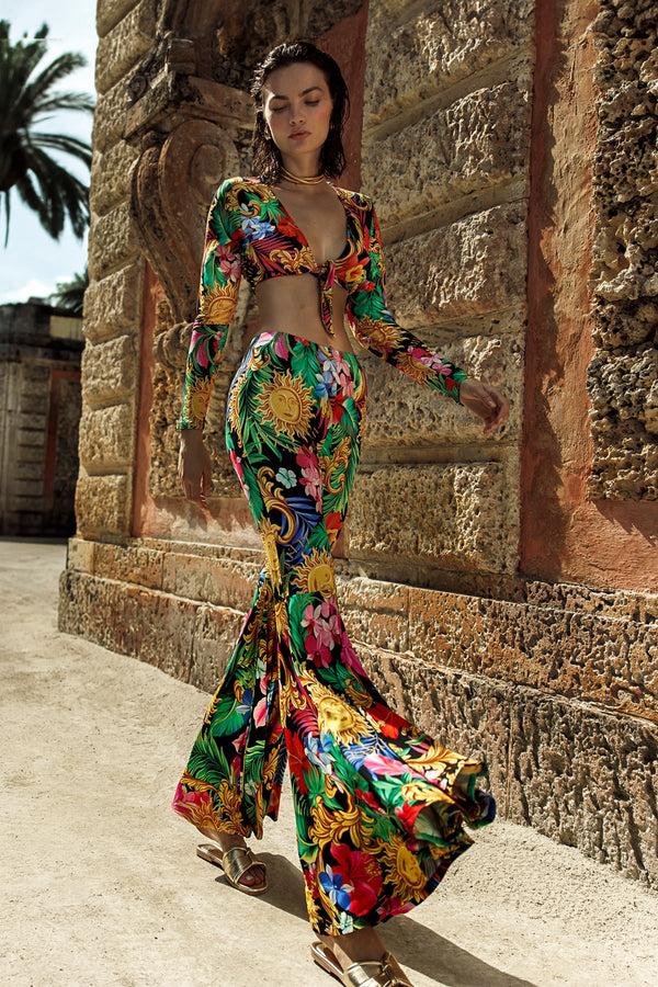 Luli Fama LOVE BY THE SUN - Front Knot Crop Top & Bell Bottoms Pants • Multicolo – Luli Fama