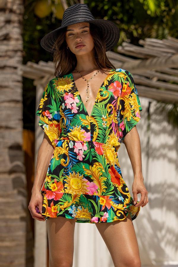 luli fama LOVE BY THE SUN - Playera V Neck Ruffle Dress • Multicolor – Luli Fama