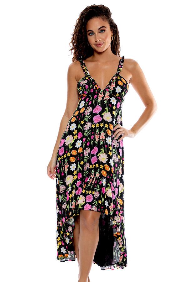 luli fama LULI'S SECRET GARDEN - Deep V High Low Dress • Multicolor – Luli Fama